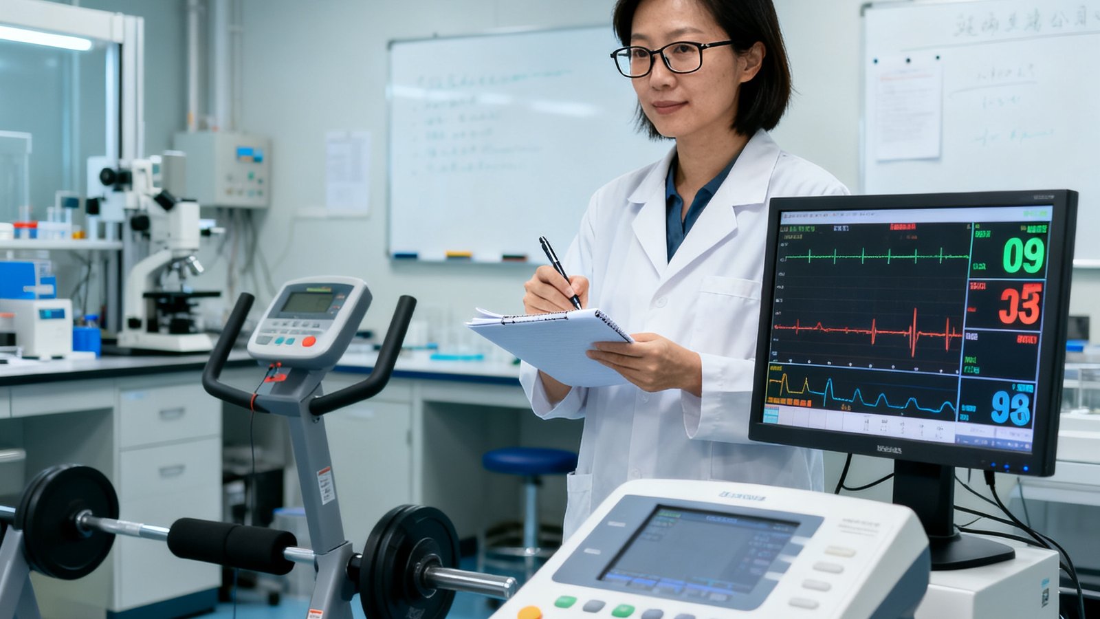 陈雅琳博士戴着眼镜在运动科学实验室内，面前摆放着心率监测设备和数据屏幕，她正在记录分析结果