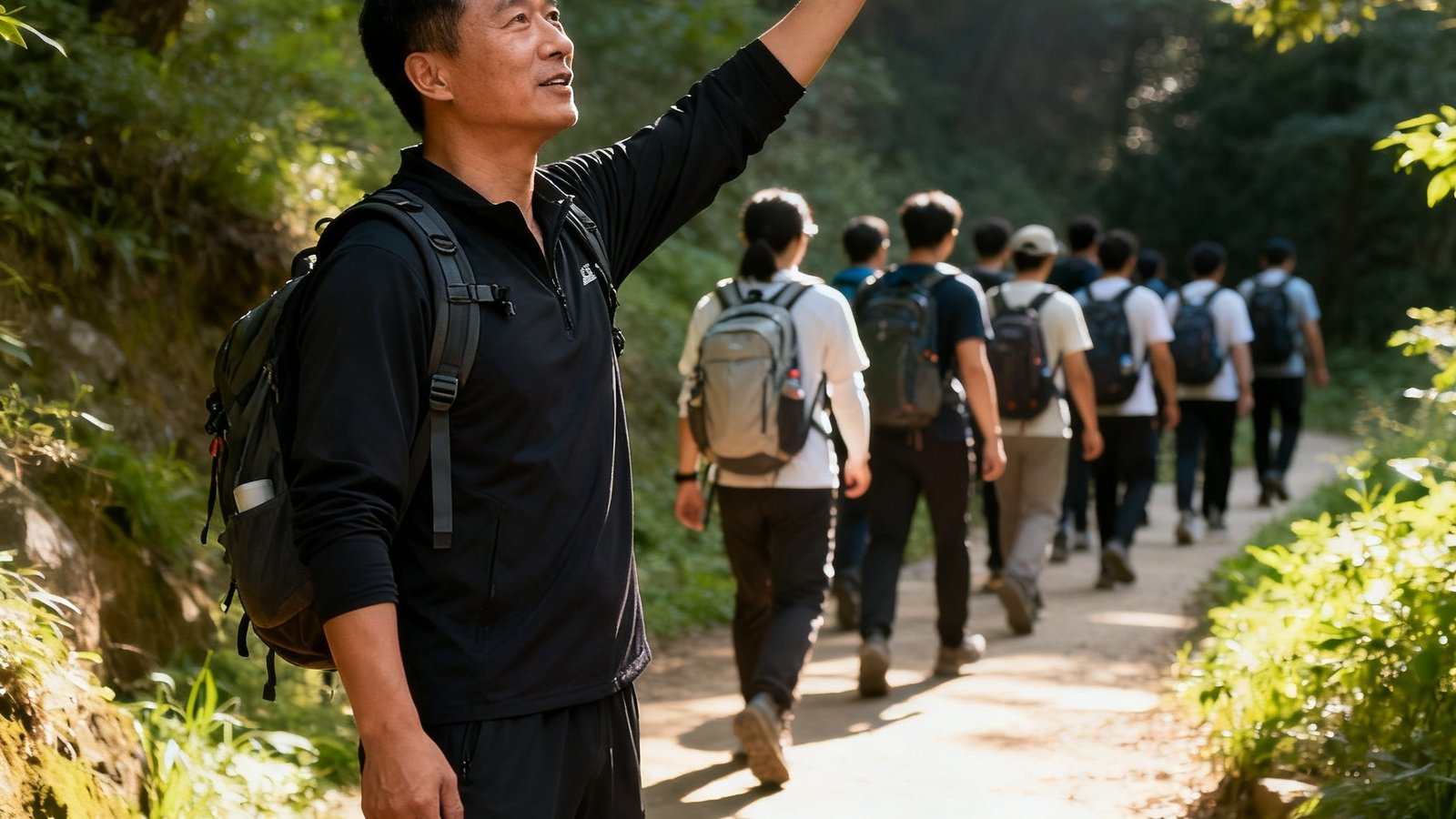王志刚教练站在山林步道入口，身后是十几位背着轻便背包的学员，他正高举手臂示意前进方向