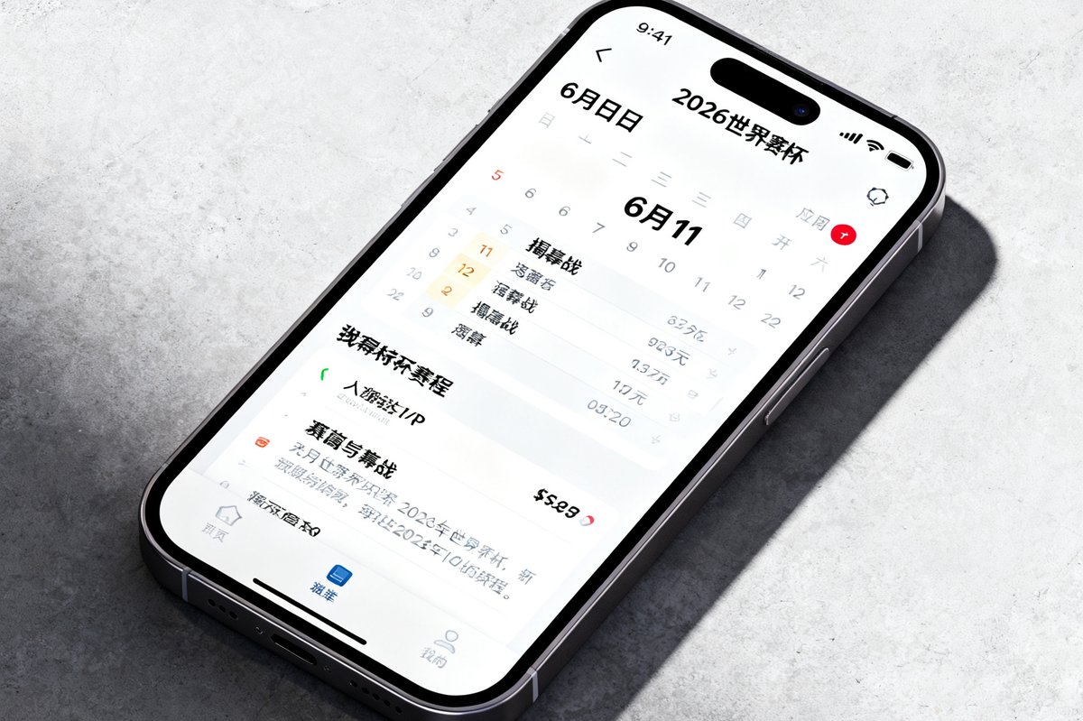 一部智能手机屏幕上展示着2026世界杯赛程日历应用界面，界面设计简洁精美，显示着6月11日揭幕战的详细信息和中文字体标注