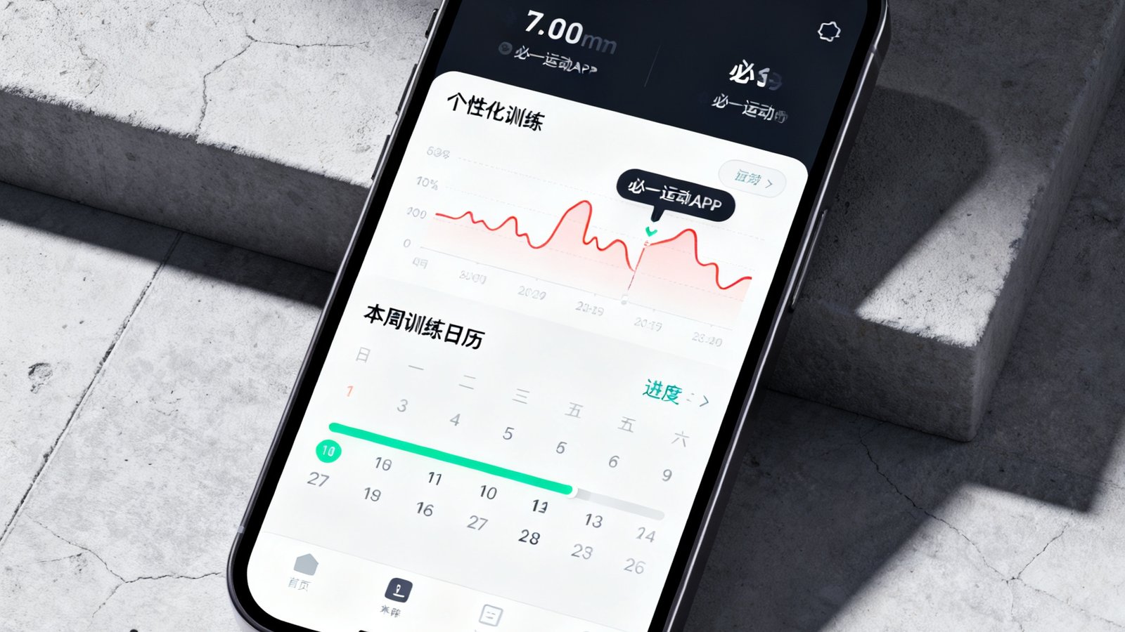 一部智能手机屏幕显示必一运动APP的个性化训练计划界面，包含心率数据图表、本周训练日历和进度条