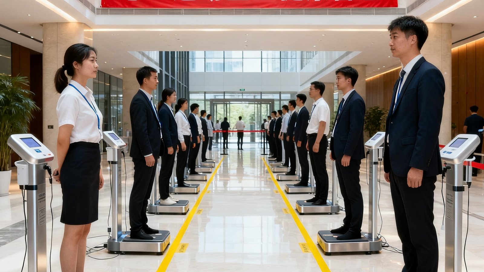 现代化办公楼大厅内设有多处体测站点，企业员工们排队测量体脂率和柔韧性，现场悬挂必一运动企业健康管理横幅