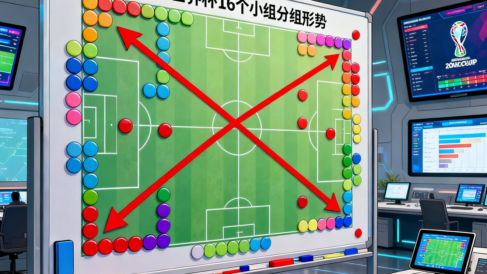 大型战术分析板上用彩色磁贴标注2026世界杯16个小组的分组形势，红色箭头指示出线路径，背景是现代化的赛事分析中心